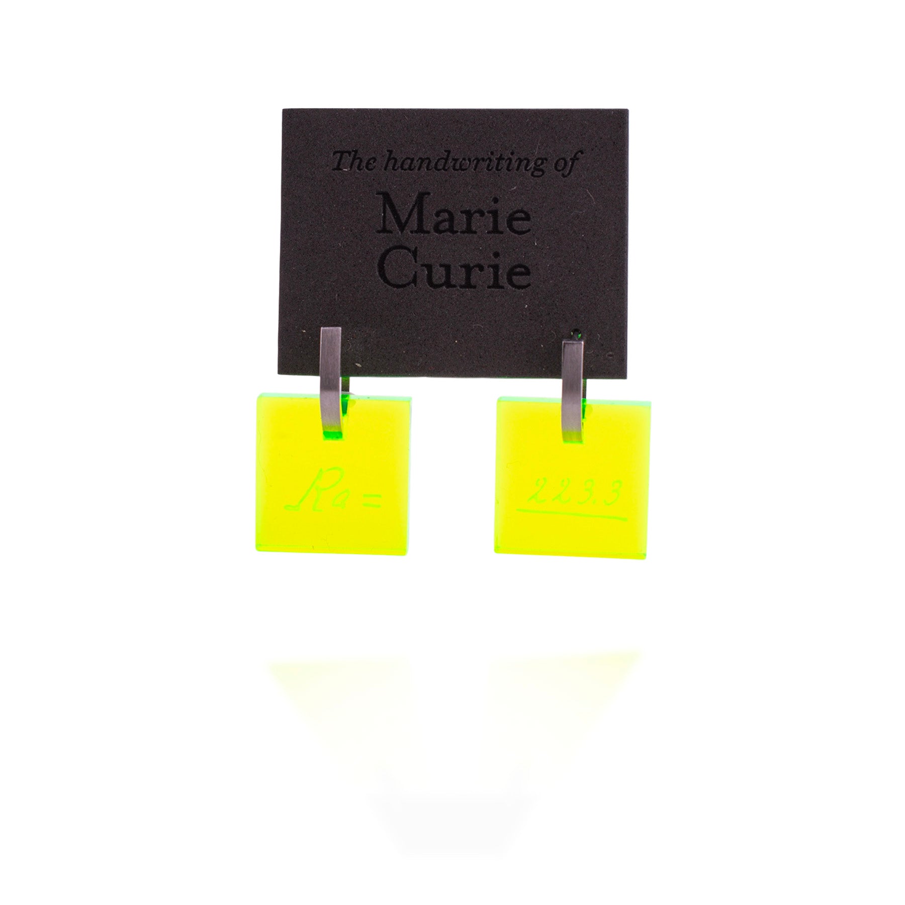 Neon radium Marie Curie science earrings with engraved lab notes and stainless hoop
