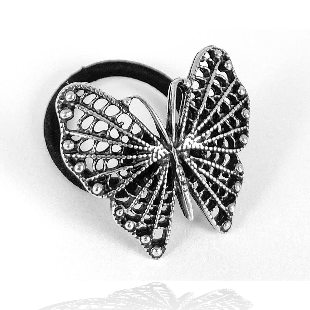 Silver filigree butterfly ponytail holder with an open wing design and beaded accents on a black hair tie.