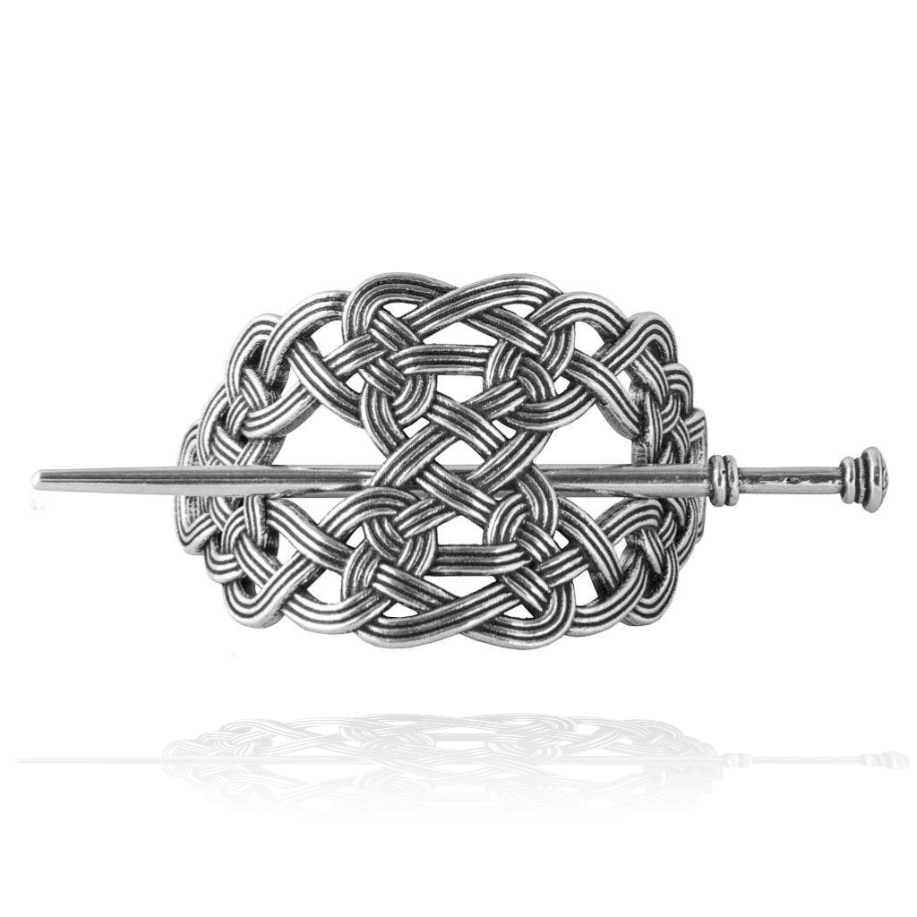 Silver Celtic weave hair stick for buns and up-swept hairstyles, made from Britannia Metal.