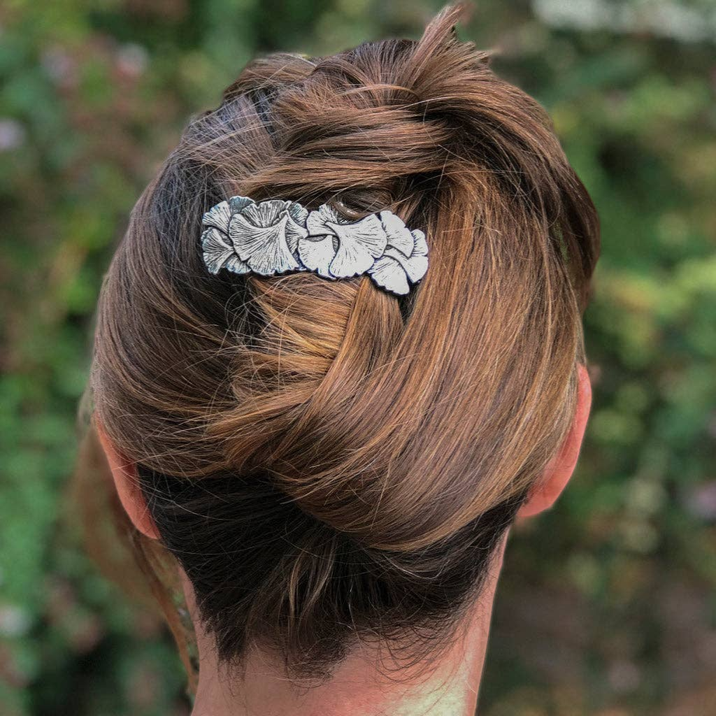 Silver ginkgo leaf barrette hair clip, 70mm, made from lead-free Britannia metal
