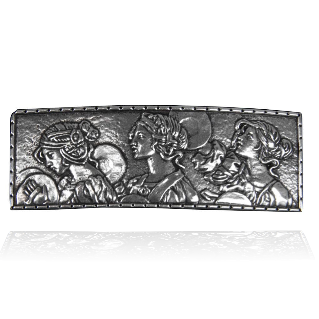 Silver metal barrette featuring a bas-relief of three women in profile, part of the Lady Parade collection.