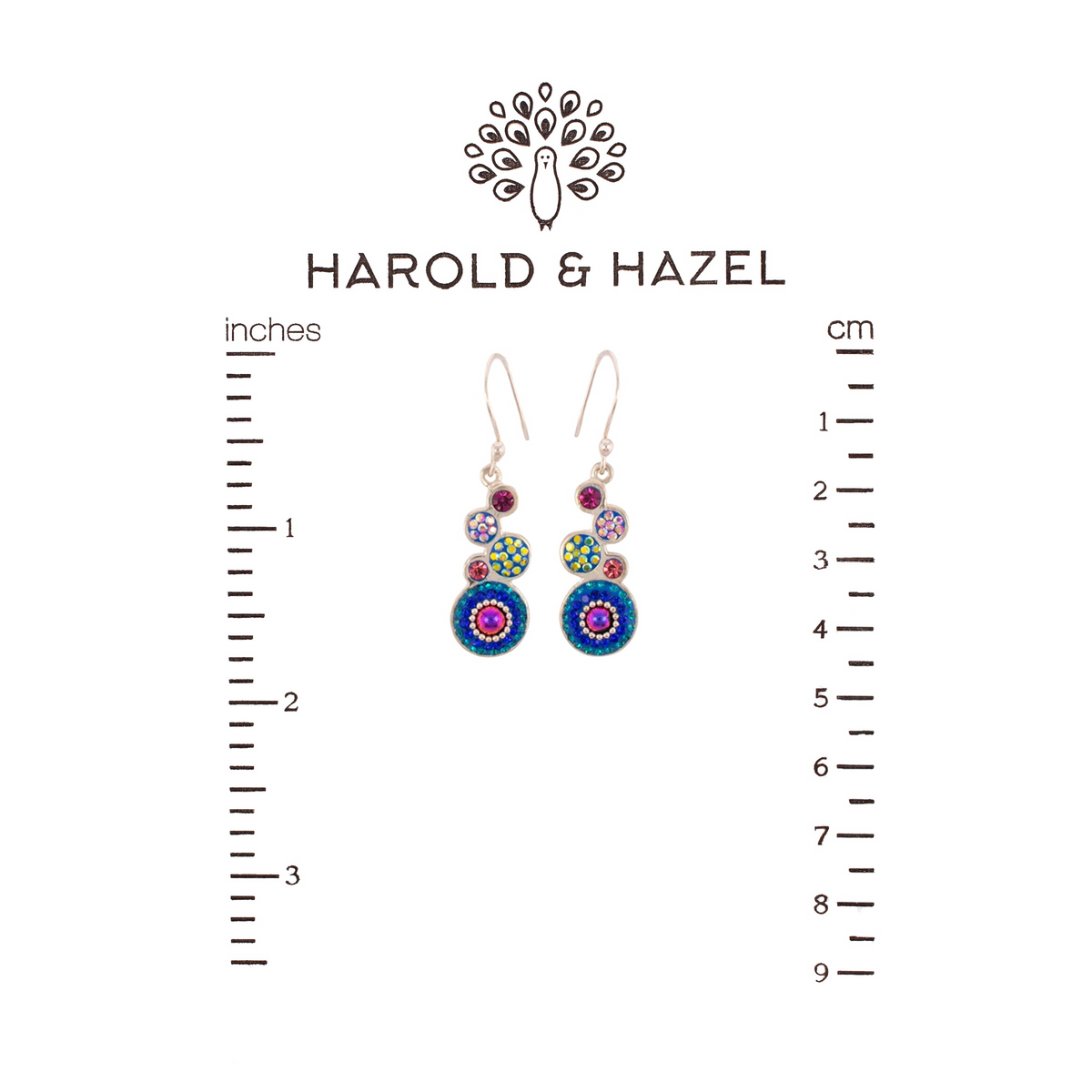Sterling silver dangle earrings featuring stacked circles in berry, lavender, blush, blue, and yellow hues, accented with crystals.