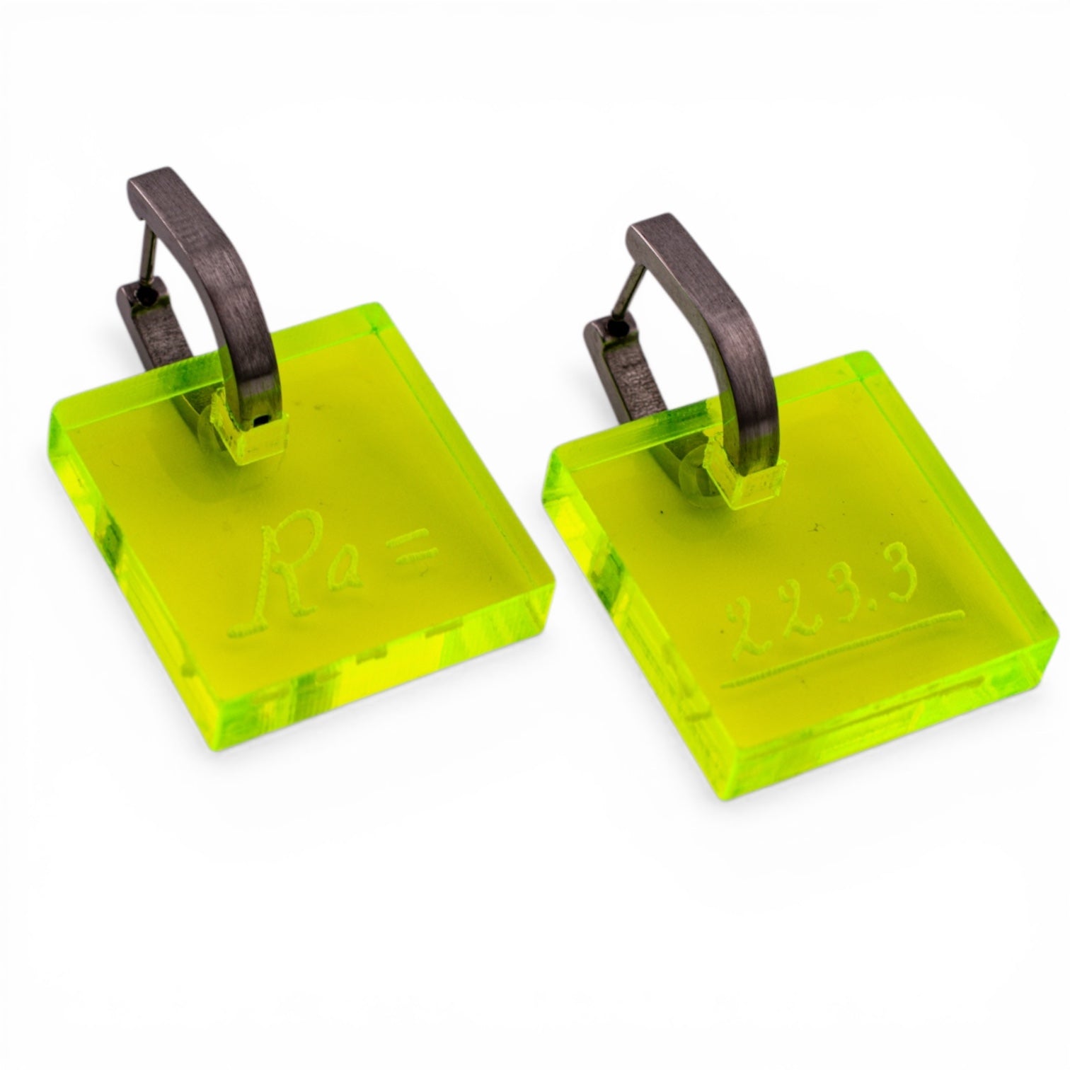 Neon radium Marie Curie science earrings with engraved lab notes and stainless hoop