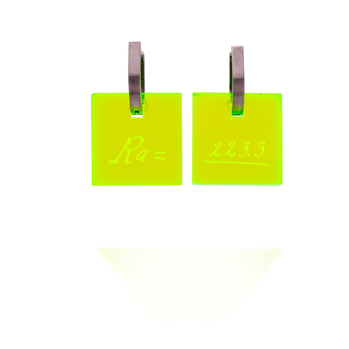 Neon radium Marie Curie science earrings with engraved lab notes and stainless hoop