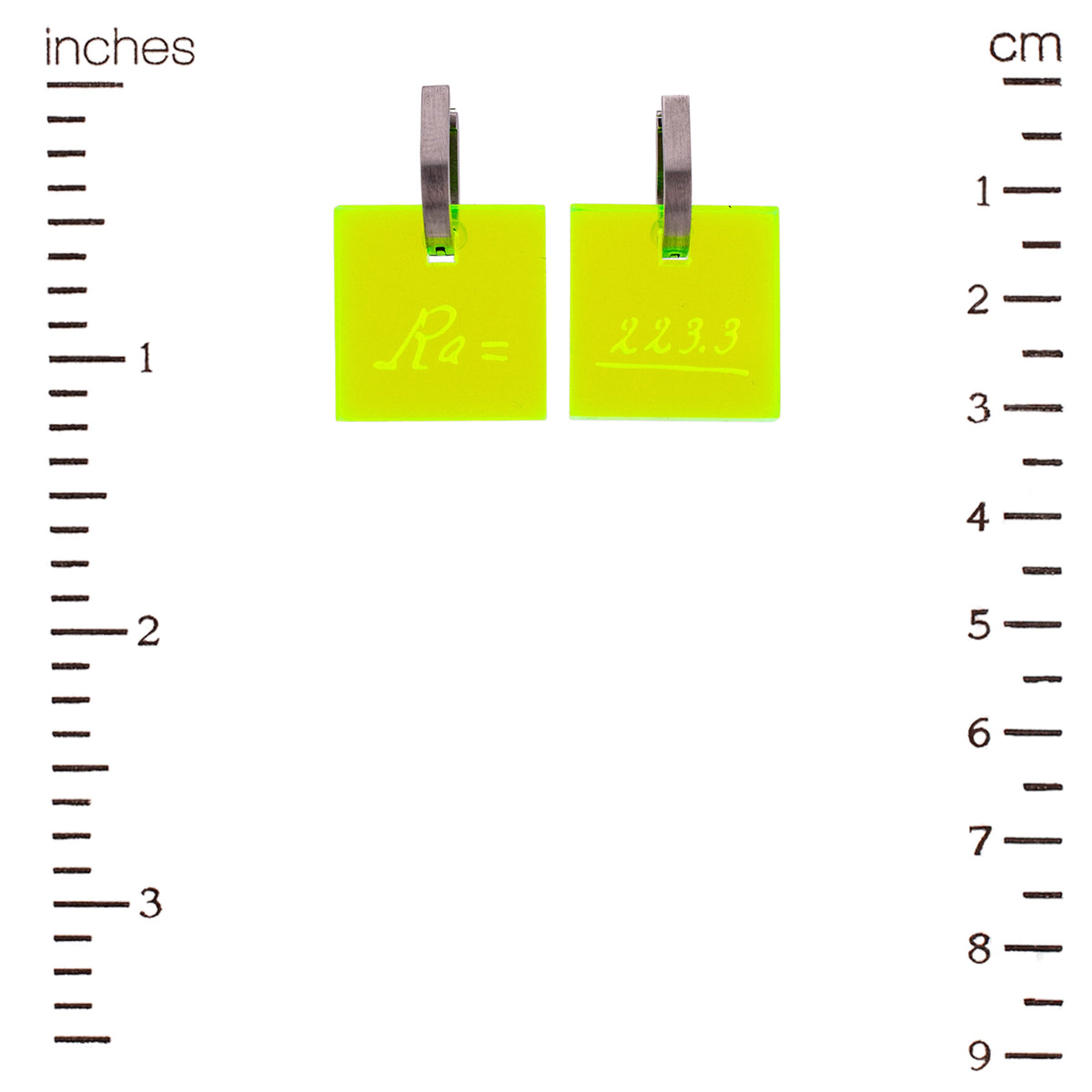 Neon radium Marie Curie science earrings with engraved lab notes and stainless hoop