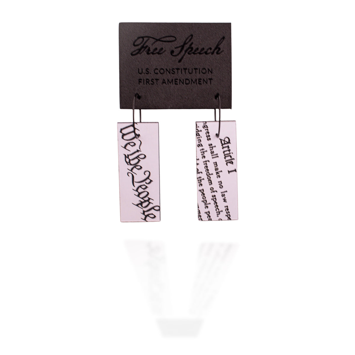 Earrings with text from the Constitution on a white background