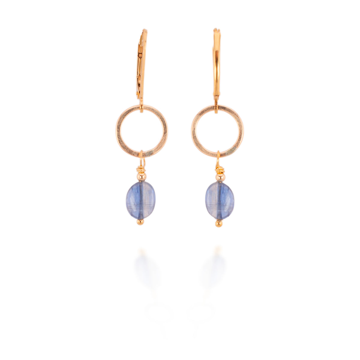 Gold hoop earrings with blue beads on a white background