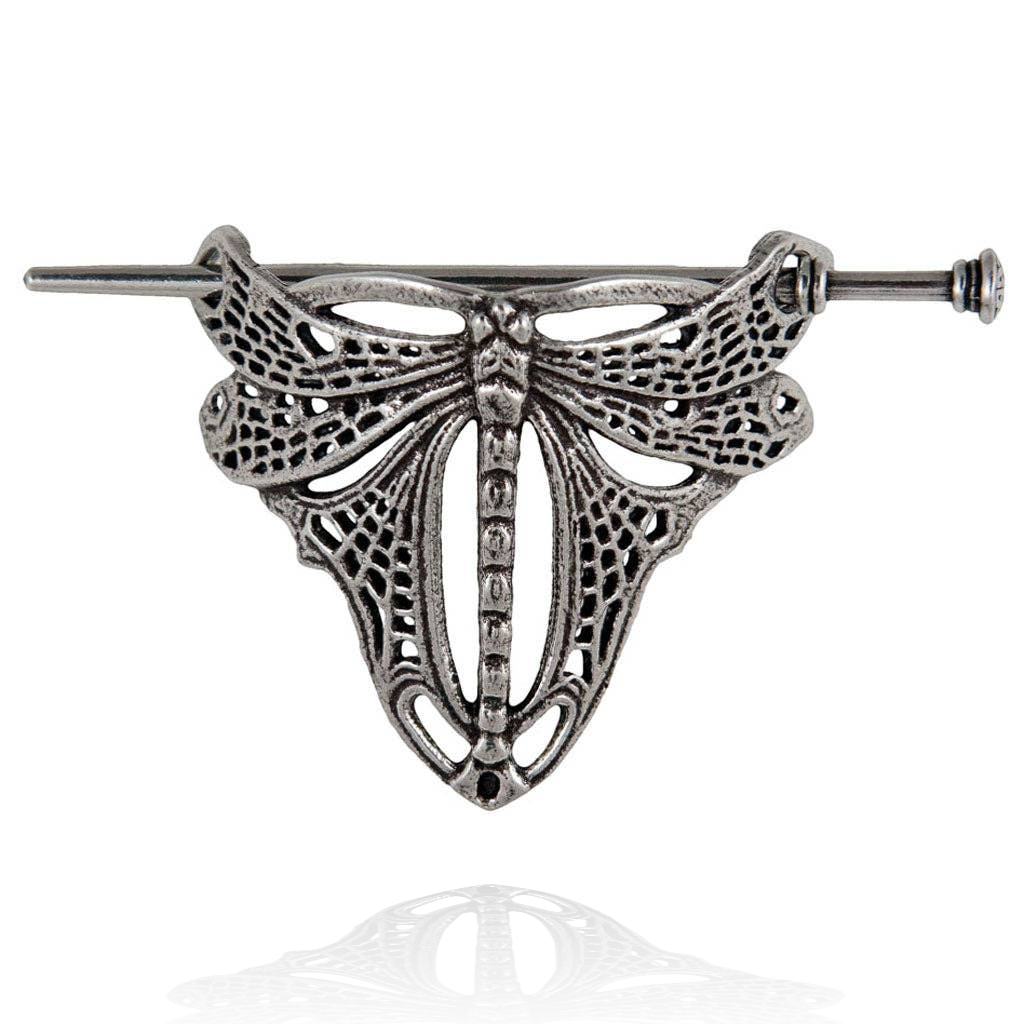 Silver metal hair stick with a detailed dragonfly design, perfect for buns and up-swept hairstyles.