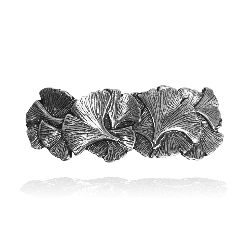 Silver ginkgo leaf barrette hair clip, 70mm, made from lead-free Britannia metal.
