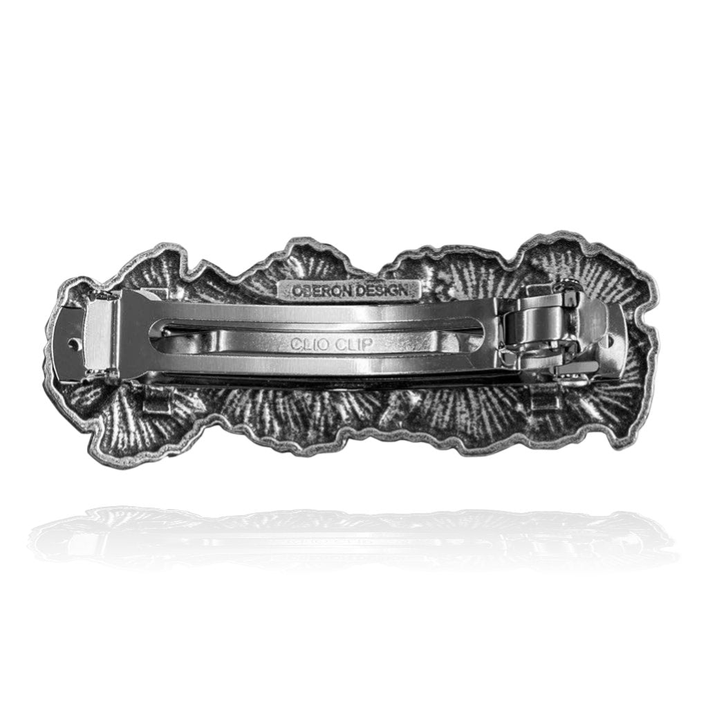 Silver ginkgo leaf hair clip barrette, 70mm, made from lead-free Britannia metal with a Clio Clip mechanism.