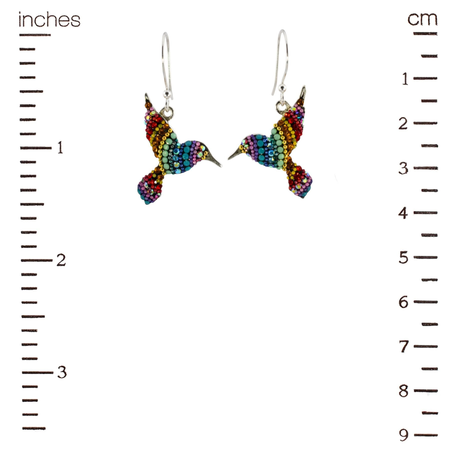 Sterling silver hummingbird earrings encrusted with colorful crystals in a rainbow gradient pattern.
