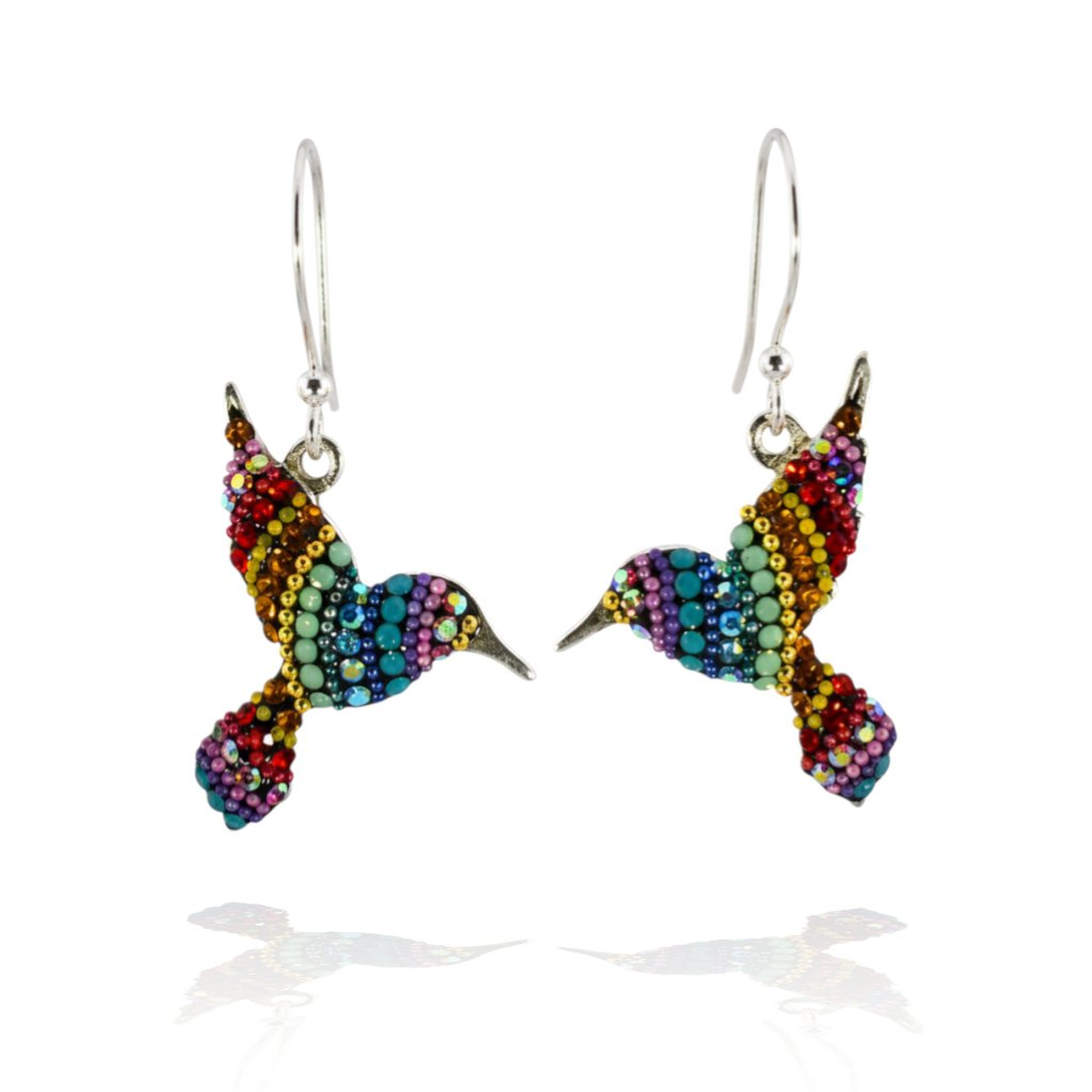 Sterling silver hummingbird earrings encrusted with colorful crystals in a rainbow gradient pattern.