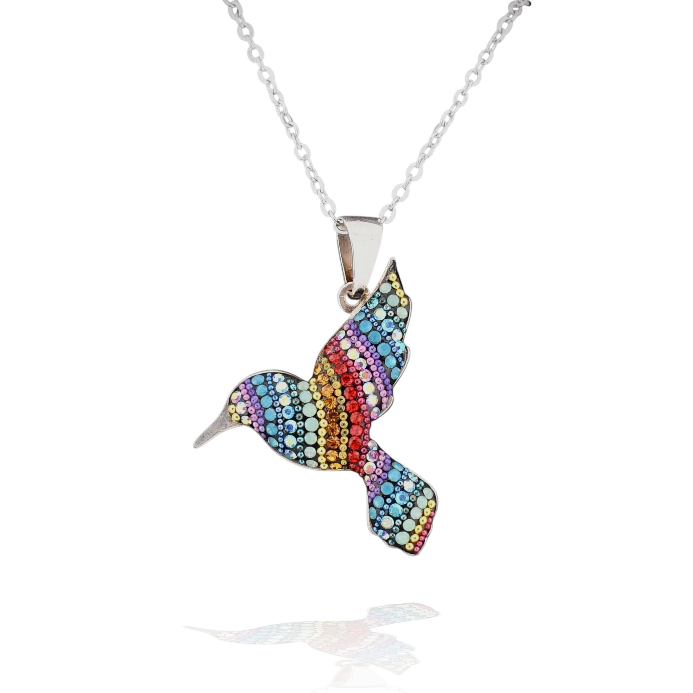 Sterling silver hummingbird pendant necklace with colorful crystal mosaic wings, featuring coral, fuchsia, turquoise, gold, and green.