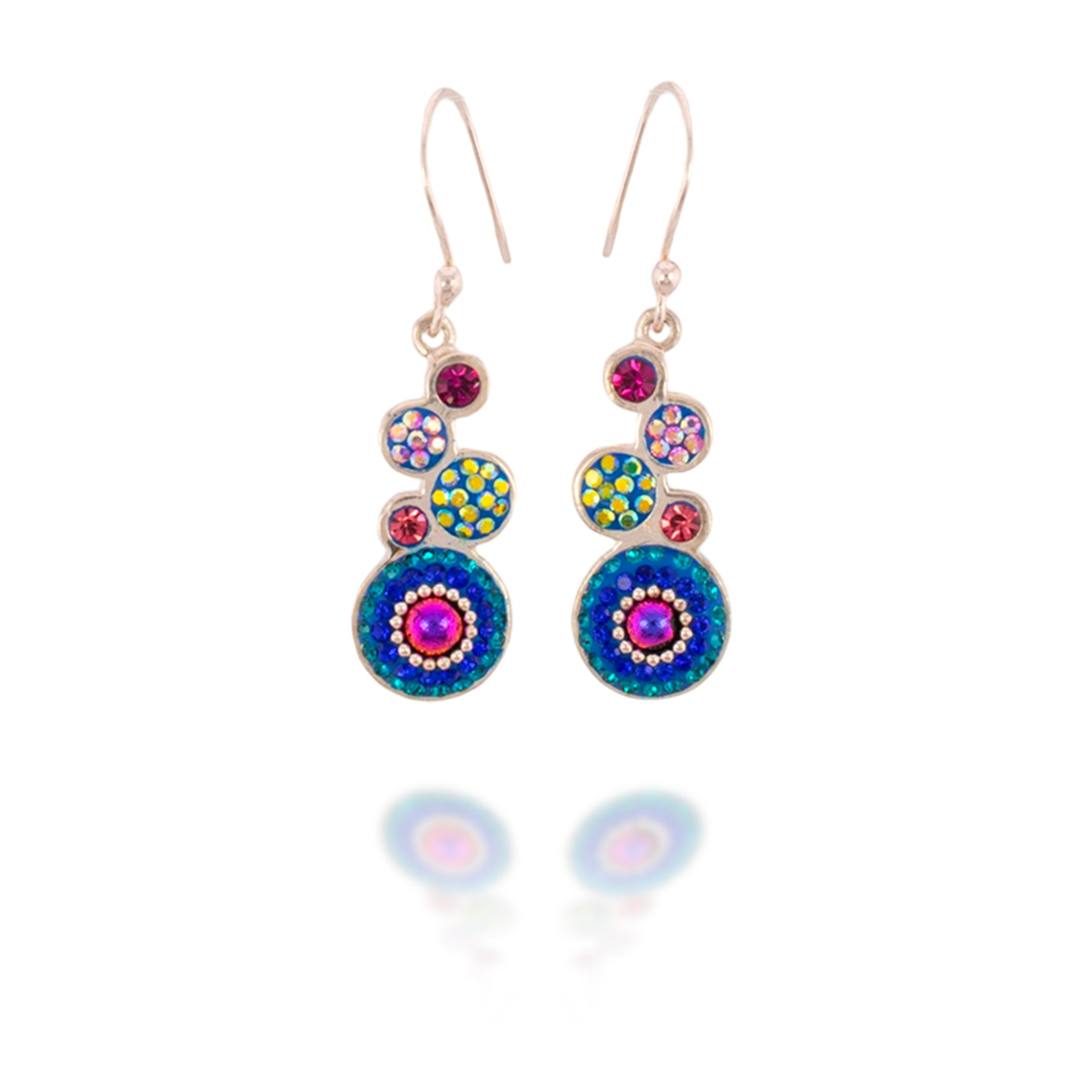 Sterling silver dangle earrings featuring stacked circles adorned with crystals in berry, lavender, blush, yellow, and blue hues.